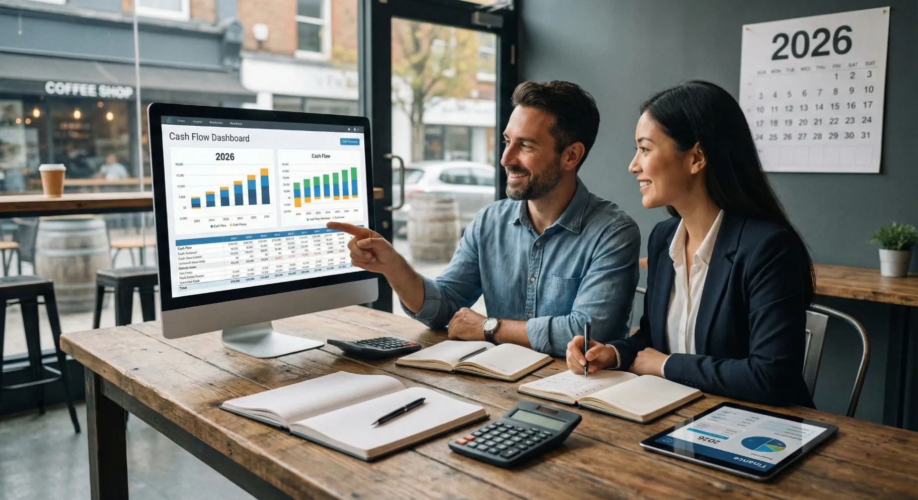 Foto de dois profissionais em um ambiente moderno de negócios, analisando juntos um painel digital de fluxo de caixa em um computador. A tela exibe gráficos financeiros coloridos e o ano de 2026 em destaque. Sobre a mesa de madeira, encontram-se calculadoras, tablets e cadernos de anotações, transmitindo uma atmosfera de gestão financeira prática e organizada para PMEs.