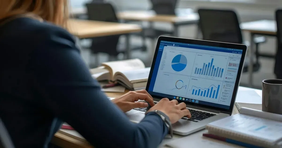 Mulher digitando em um notebook que exibe gráficos de pizza, de barras e de linhas, em uma mesa de escritório com caderno e livros ao lado